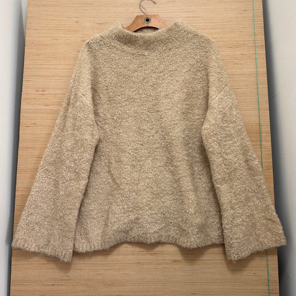 Ann Taylor Womens Large Beige‎ Boucle Mock Neck Sweater Fuzzy Knit Pullover L